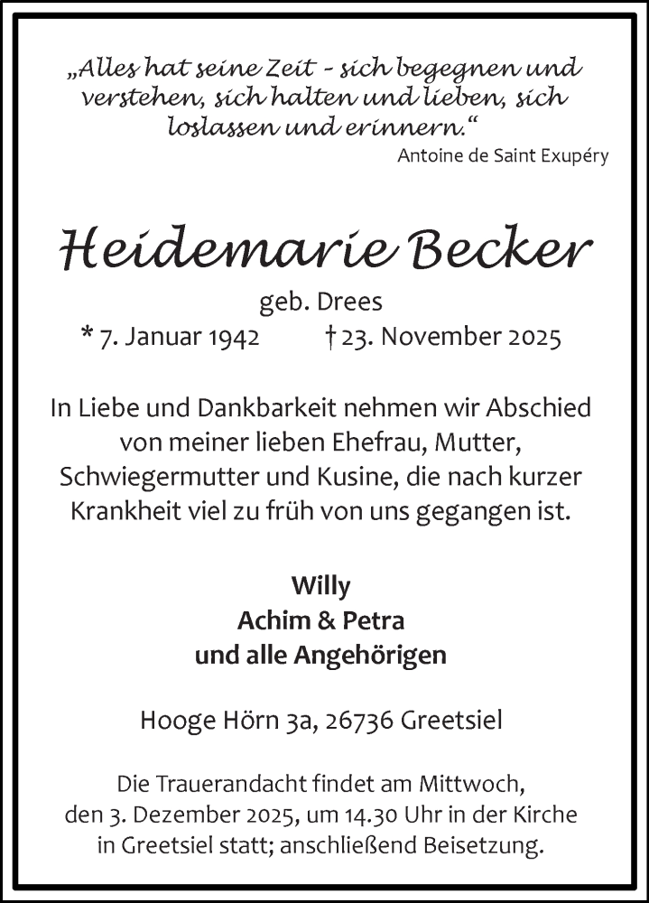  Traueranzeige für Heidemarie Becker vom 27.11.2025 aus Ostfriesischer Kurier GmbH