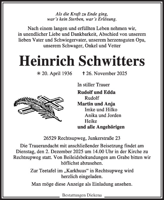 Traueranzeige von Heinrich Schwitters von Ostfriesischer Kurier GmbH