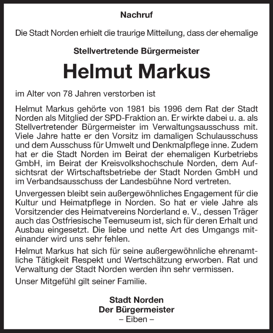 Traueranzeige von Helmut Markus von Ostfriesischer Kurier GmbH