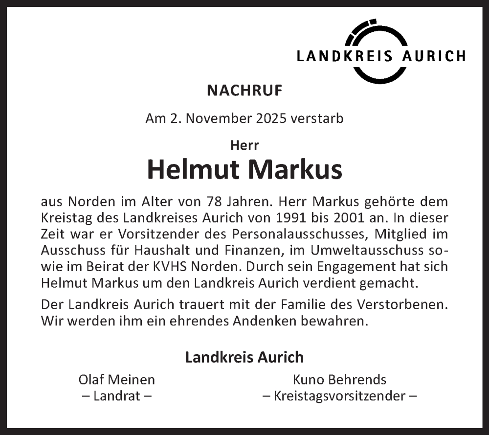  Traueranzeige für Helmut Markus vom 12.11.2025 aus Ostfriesischer Kurier GmbH