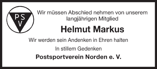 Traueranzeige von Helmut Markus von Ostfriesischer Kurier GmbH