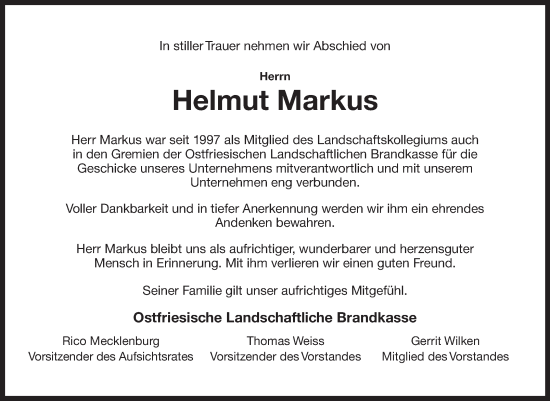 Traueranzeige von Helmut Markus von Ostfriesischer Kurier GmbH