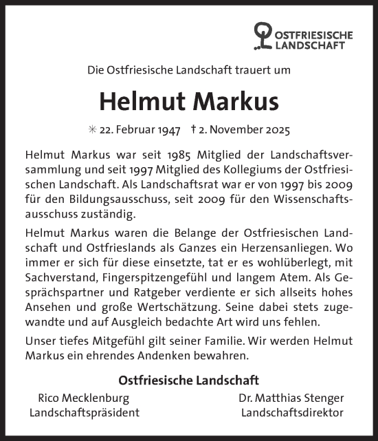 Traueranzeige von Helmut Markus von Ostfriesischer Kurier GmbH