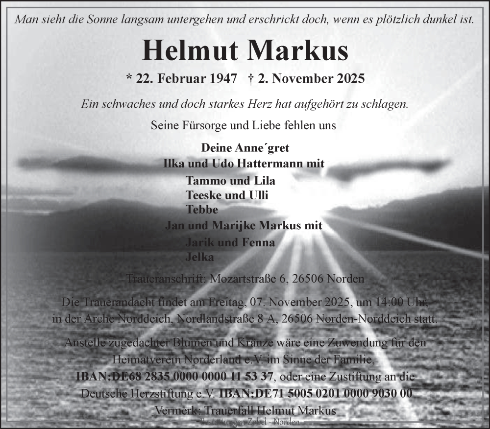  Traueranzeige für Helmut Markus vom 05.11.2025 aus Ostfriesischer Kurier GmbH