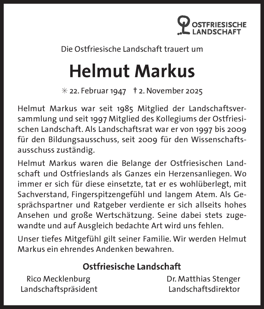  Traueranzeige für Helmut Markus vom 06.11.2025 aus Ostfriesischer Kurier GmbH