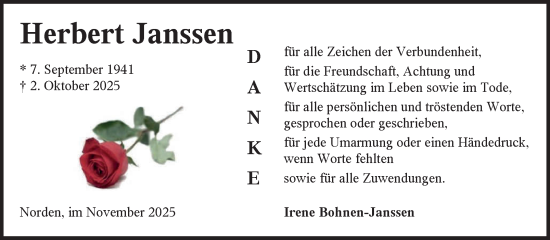 Traueranzeige von Herbert Janssen von Ostfriesischer Kurier GmbH