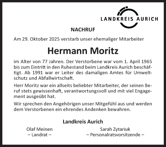 Traueranzeige von Hermann Moritz von Ostfriesischer Kurier GmbH