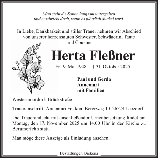 Traueranzeige von Herta Fleßner von Ostfriesischer Kurier GmbH