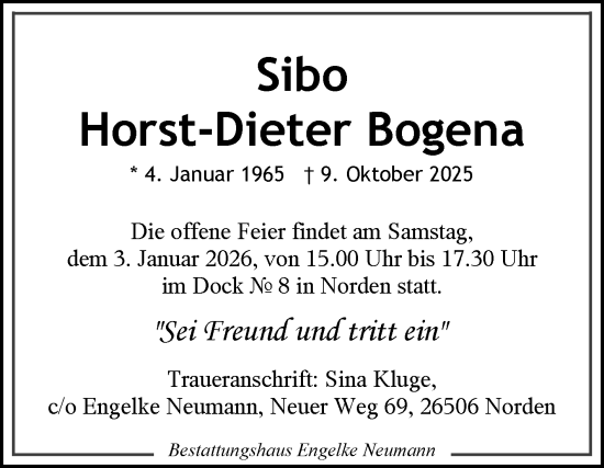 Traueranzeige von Horst-Dieter Bogena von Ostfriesischer Kurier GmbH