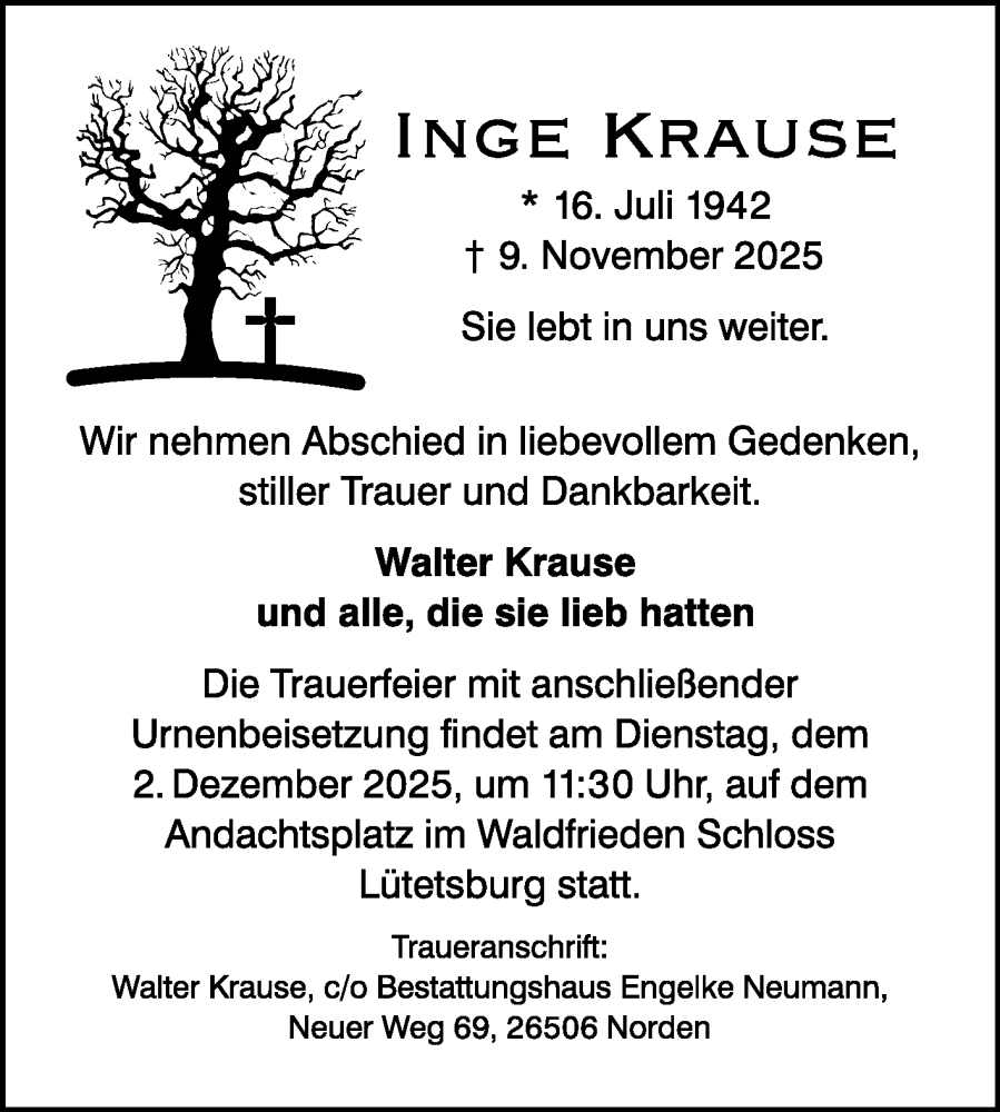  Traueranzeige für Inge Krause vom 15.11.2025 aus Ostfriesischer Kurier GmbH