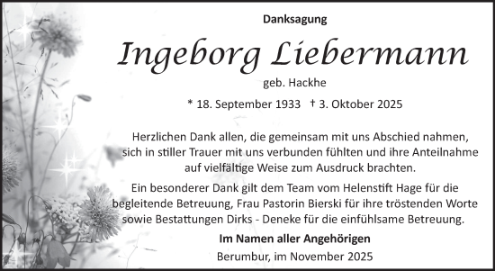 Traueranzeige von Ingeborg Liebermann von Ostfriesischer Kurier GmbH