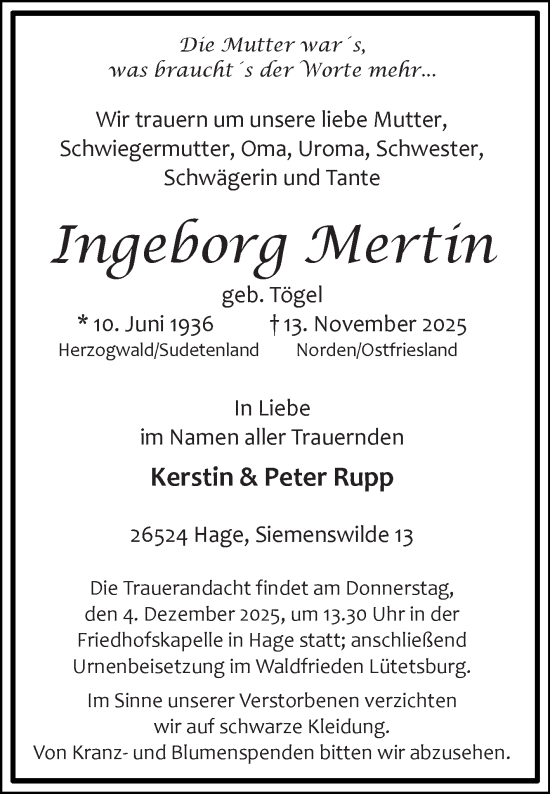 Traueranzeige von Ingeborg Mertin von Ostfriesischer Kurier GmbH