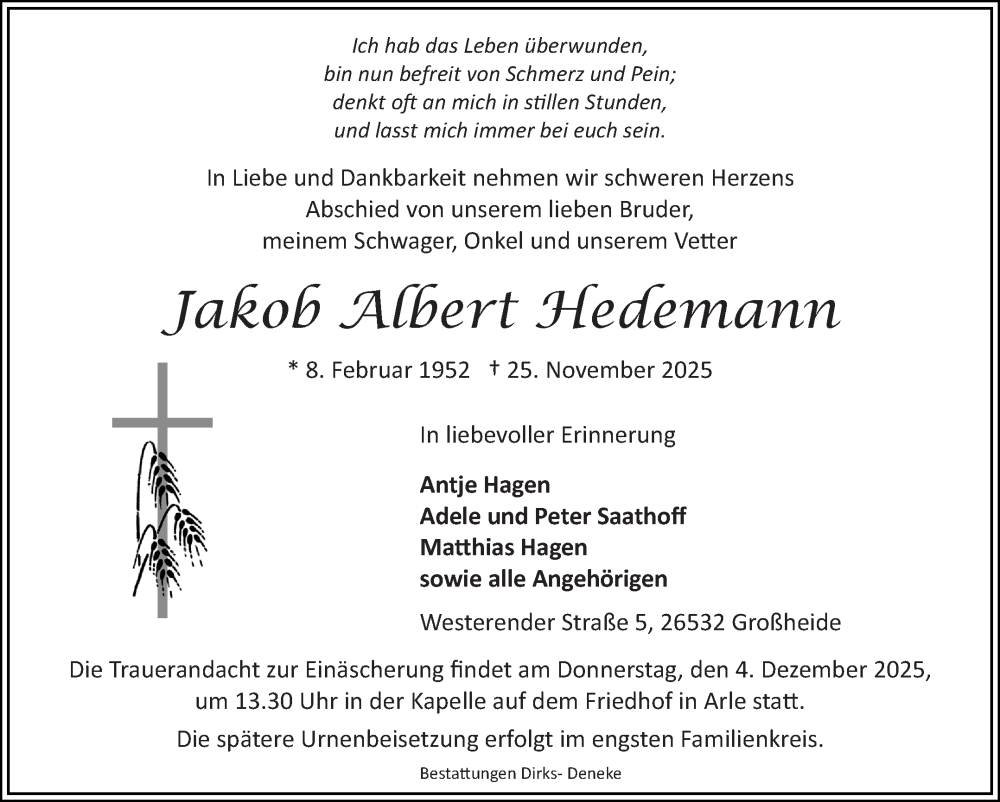 Traueranzeige für Jakob Albert Hedemann vom 29.11.2025 aus Ostfriesischer Kurier GmbH