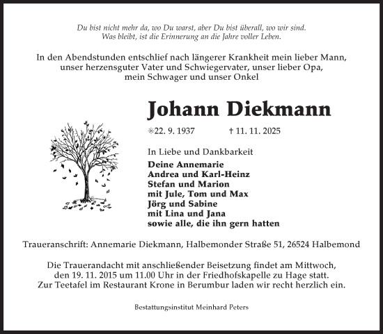 Traueranzeige von Johann Diekmann von Ostfriesischer Kurier GmbH