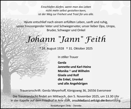 Traueranzeige von Johann Feith von Ostfriesischer Kurier GmbH