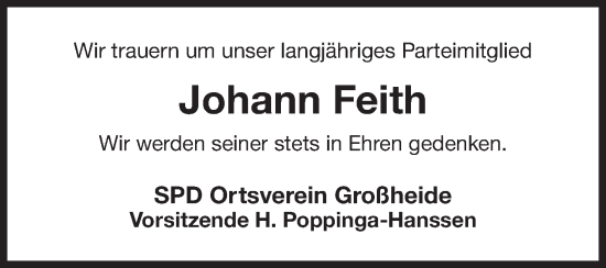 Traueranzeige von Johann Feith von Ostfriesischer Kurier GmbH