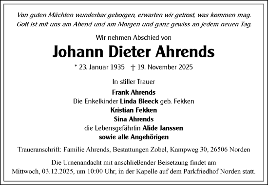 Traueranzeige von Johann Dieter Ahrends von Ostfriesischer Kurier GmbH