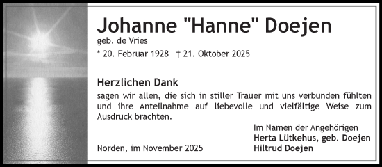 Traueranzeige von Johanne Doejen von Ostfriesischer Kurier GmbH