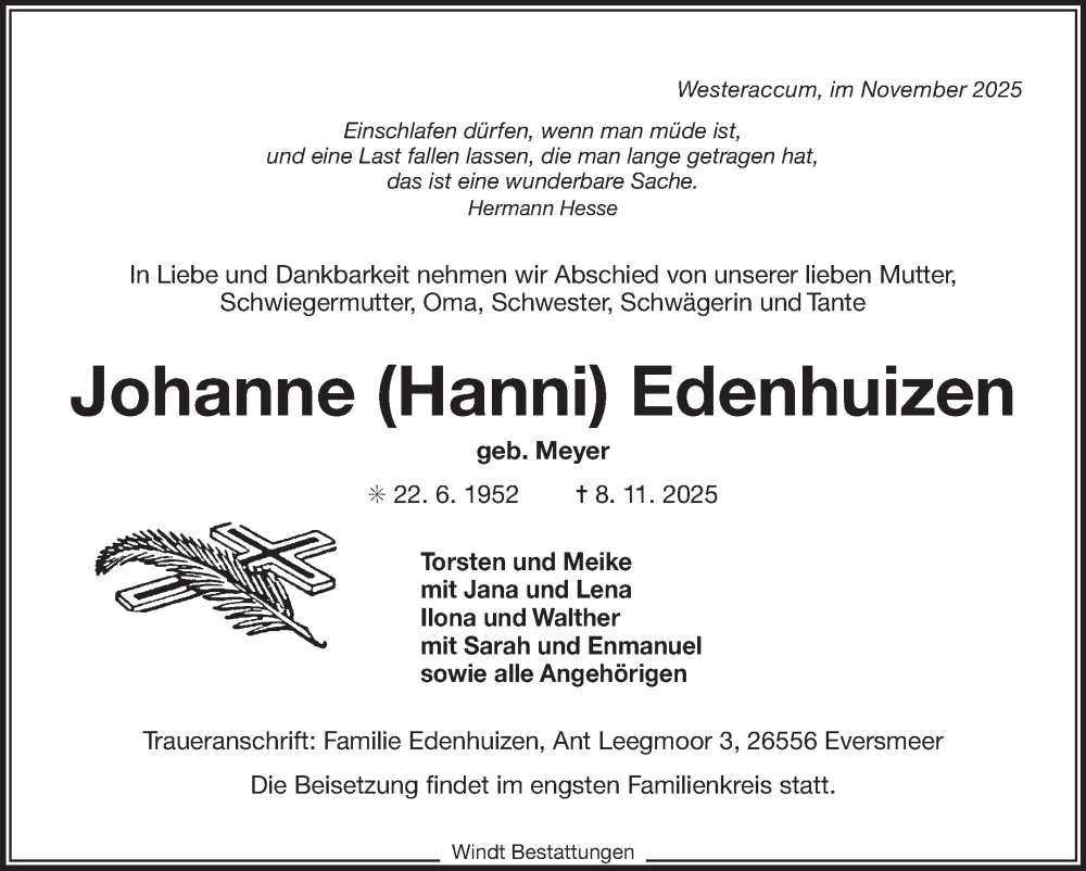  Traueranzeige für Johanne Edenhuizen vom 12.11.2025 aus Ostfriesischer Kurier GmbH