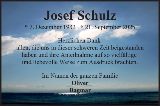 Traueranzeige von Josef Schulz von Ostfriesischer Kurier GmbH