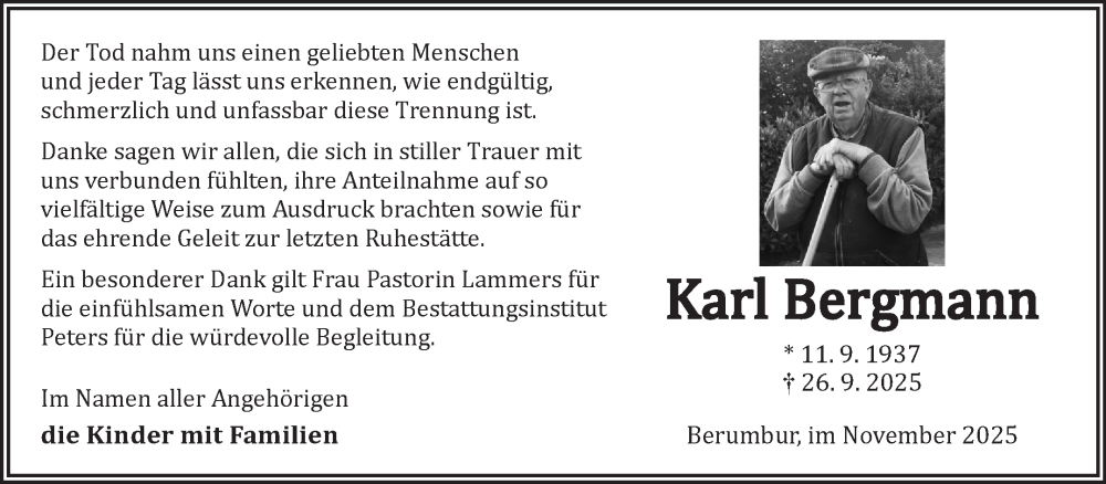  Traueranzeige für Karl Bergmann vom 08.11.2025 aus Ostfriesischer Kurier GmbH