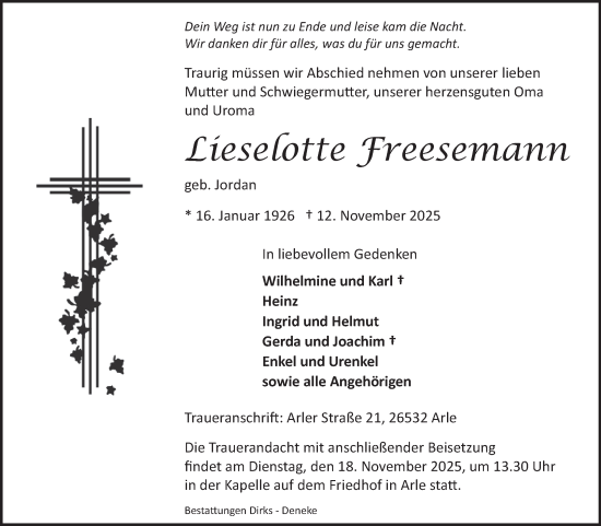Traueranzeige von Lieselotte Freesemann von Ostfriesischer Kurier GmbH