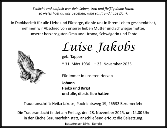 Traueranzeige von Luise Jakobs von Ostfriesischer Kurier GmbH