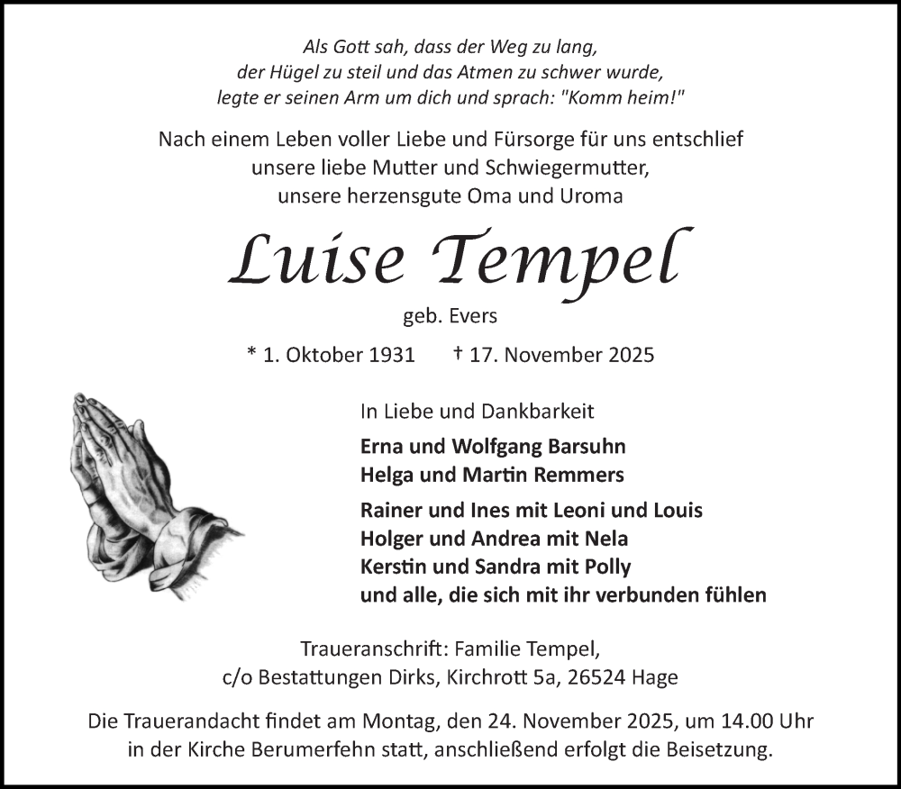  Traueranzeige für Luise Tempel vom 20.11.2025 aus Ostfriesischer Kurier GmbH