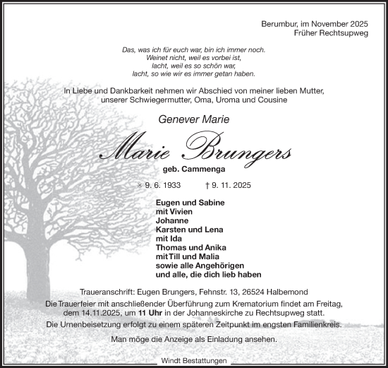 Traueranzeige von Marie Brungers von Ostfriesischer Kurier GmbH