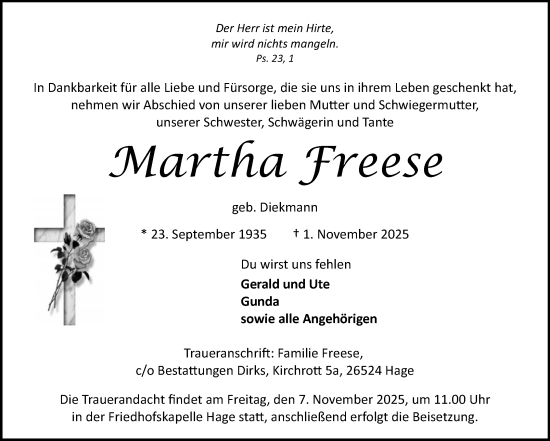 Traueranzeige von Martha Freese von Ostfriesischer Kurier GmbH