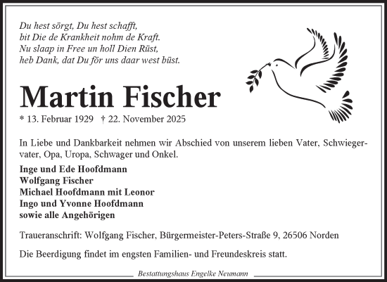 Traueranzeige von Martin Fischer von Ostfriesischer Kurier GmbH