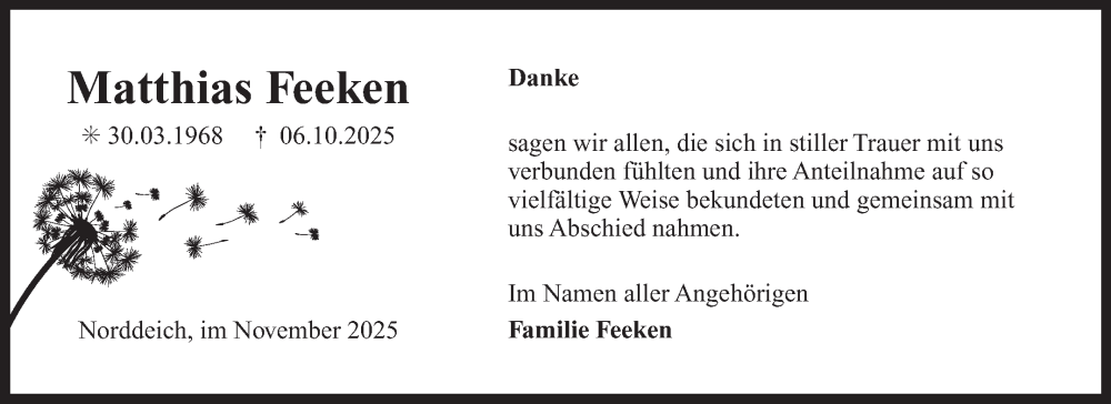  Traueranzeige für Matthias Feeken vom 08.11.2025 aus Ostfriesischer Kurier GmbH
