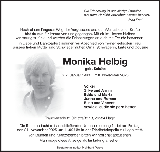 Traueranzeige von Monika Helbig von Ostfriesischer Kurier GmbH