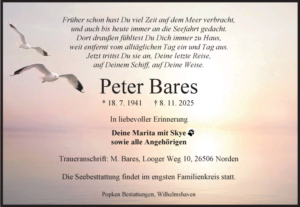  Traueranzeige für Peter Bares vom 15.11.2025 aus Ostfriesischer Kurier GmbH
