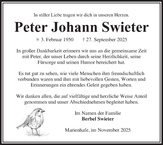 Traueranzeige von Peter Johann Swieter von Ostfriesischer Kurier GmbH