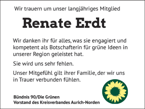 Traueranzeige von Renate Erdt von Ostfriesischer Kurier GmbH