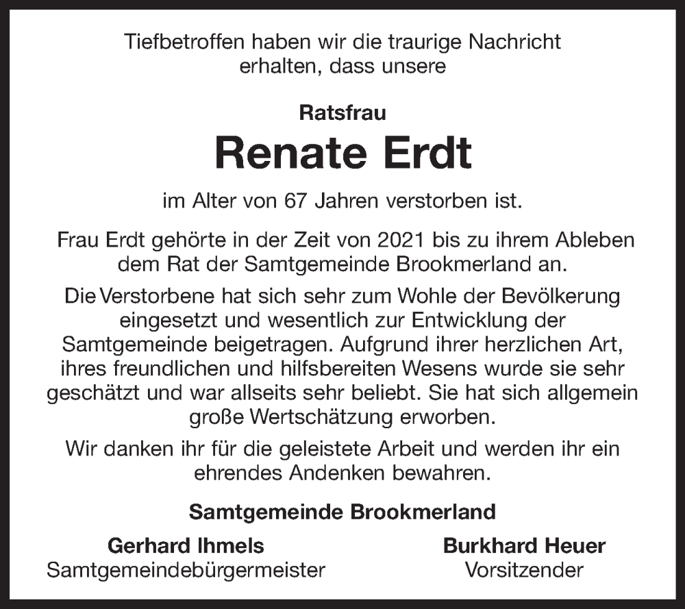  Traueranzeige für Renate Erdt vom 07.11.2025 aus Ostfriesischer Kurier GmbH