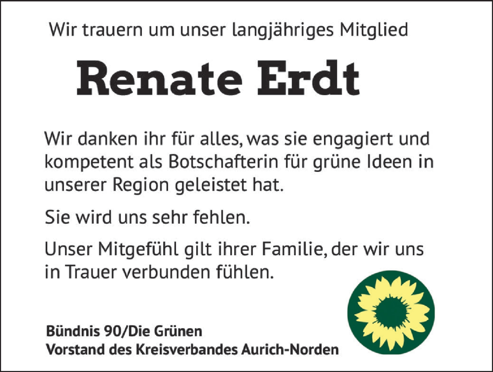  Traueranzeige für Renate Erdt vom 07.11.2025 aus Ostfriesischer Kurier GmbH