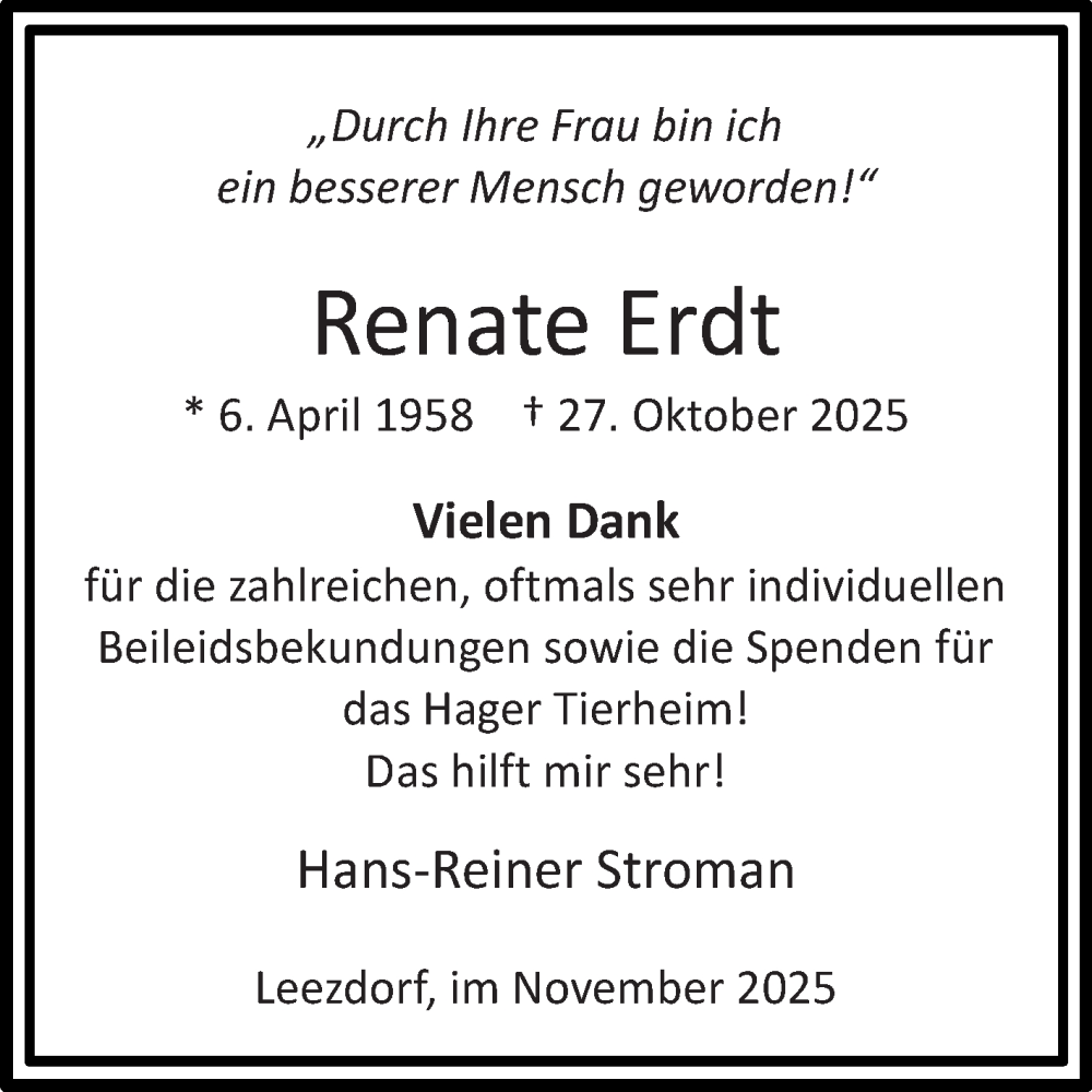  Traueranzeige für Renate Erdt vom 29.11.2025 aus Ostfriesischer Kurier GmbH