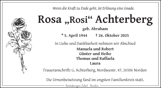 Traueranzeige von Rosa Achterberg von Ostfriesischer Kurier GmbH