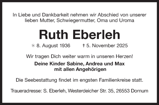 Traueranzeige von Ruth Eberleh von Ostfriesischer Kurier GmbH
