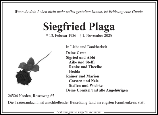 Traueranzeige von Siegfried Plaga von Ostfriesischer Kurier GmbH
