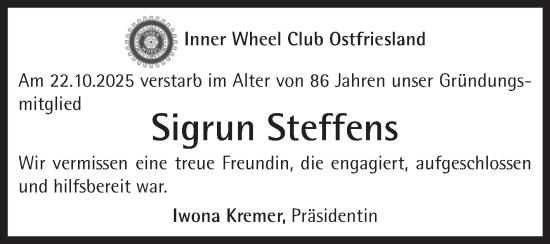 Traueranzeige von Sigrun Steffens von Ostfriesischer Kurier GmbH