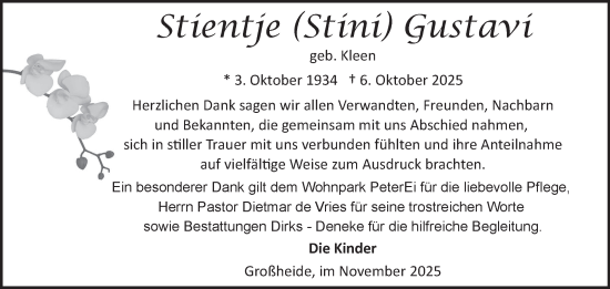Traueranzeige von Stientje Gustavi von Ostfriesischer Kurier GmbH
