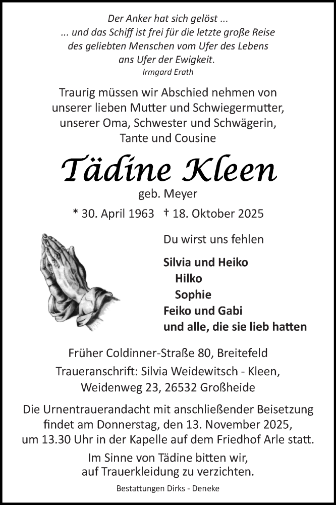 Traueranzeige für Tädine Kleen vom 08.11.2025 aus Ostfriesischer Kurier GmbH