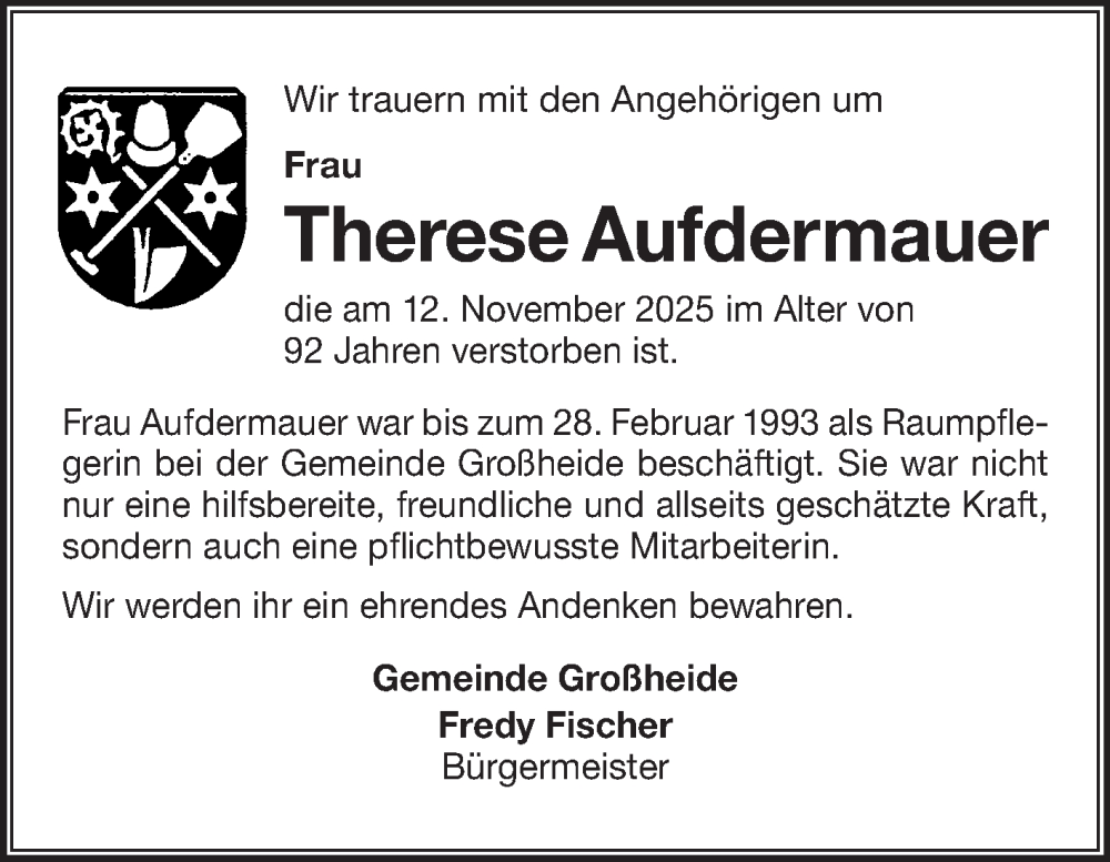 Traueranzeige für Therese Aufdermauer vom 25.11.2025 aus Ostfriesischer Kurier GmbH