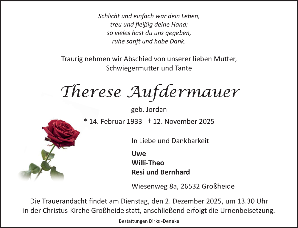  Traueranzeige für Therese Aufdermauer vom 22.11.2025 aus Ostfriesischer Kurier GmbH