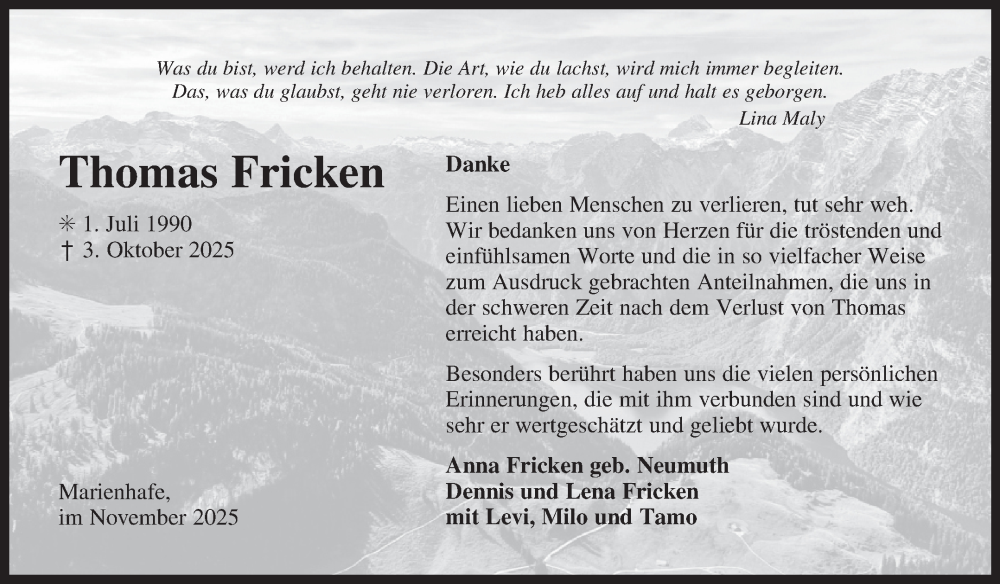 Traueranzeige für Thomas Fricken vom 15.11.2025 aus Ostfriesischer Kurier GmbH