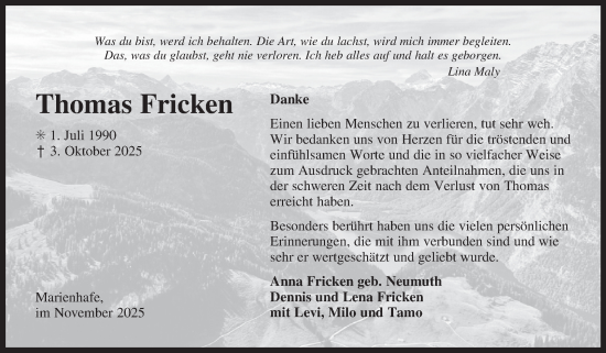 Traueranzeige von Thomas Fricken von Ostfriesischer Kurier GmbH