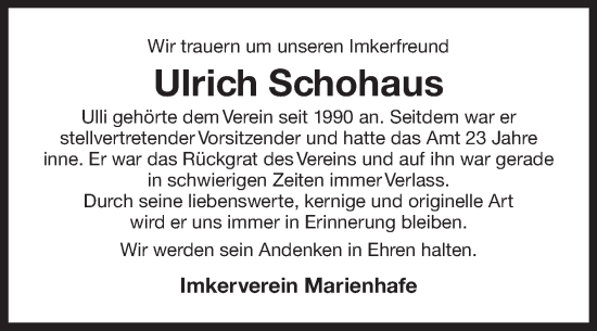 Traueranzeige von Ulrich Schohaus von Ostfriesischer Kurier GmbH
